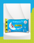 Pack of Soft Cozi sanitary napkins on a white background with a blue and green border.