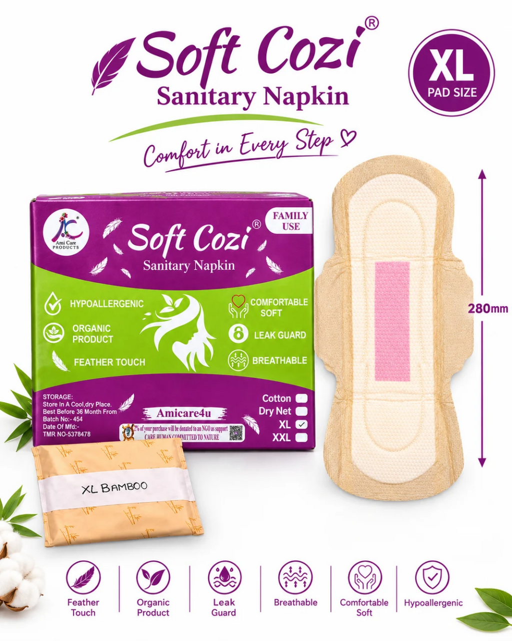 Bamboo Cotton Topsheet Anion Chip Sanitary Napkin (Big Box 40Pcs)